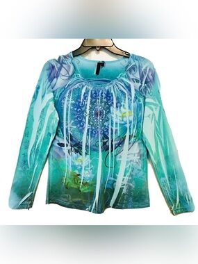 Susan Lawrence Womens S Beaded Boho Medallion Floral Watercolor Long Sleeve Top